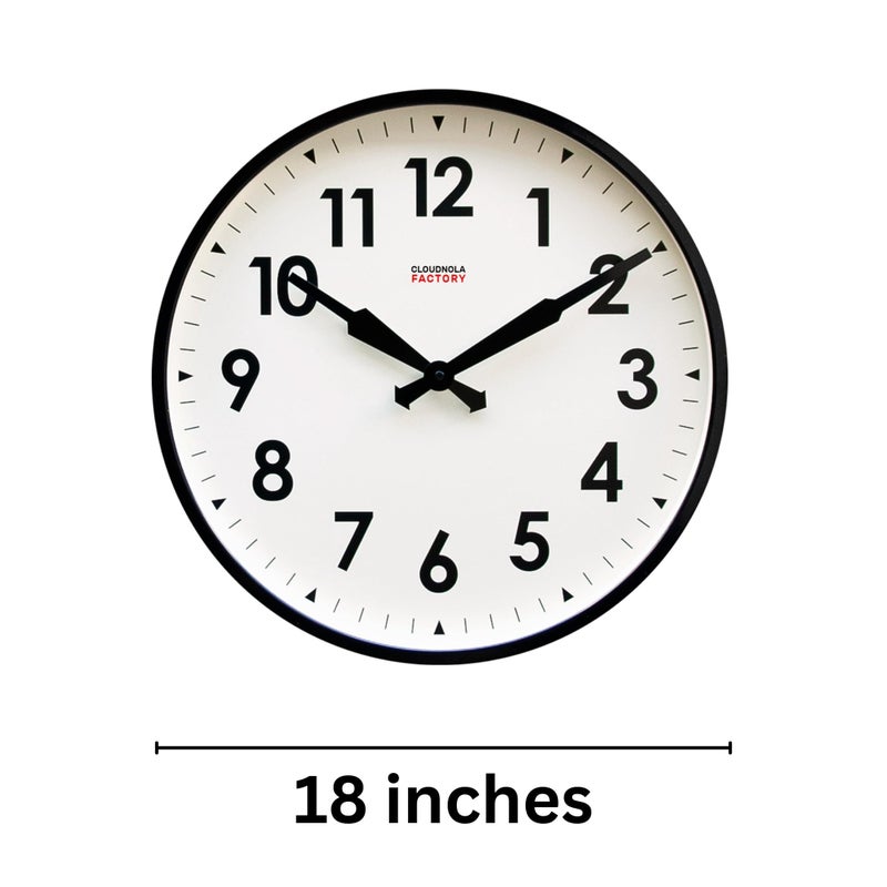 Cloudnola Station Metal Wall Clock, Black and White, 18 inch Diameter, Silent Non Ticking, Battery Operated Quartz Movement - Image 2